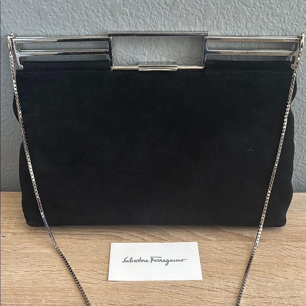 Salvatore Ferragamo Elegant Black Suede Clutch with Silver Accents